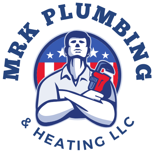 A plumber with his arms crossed in front of a blue and white background